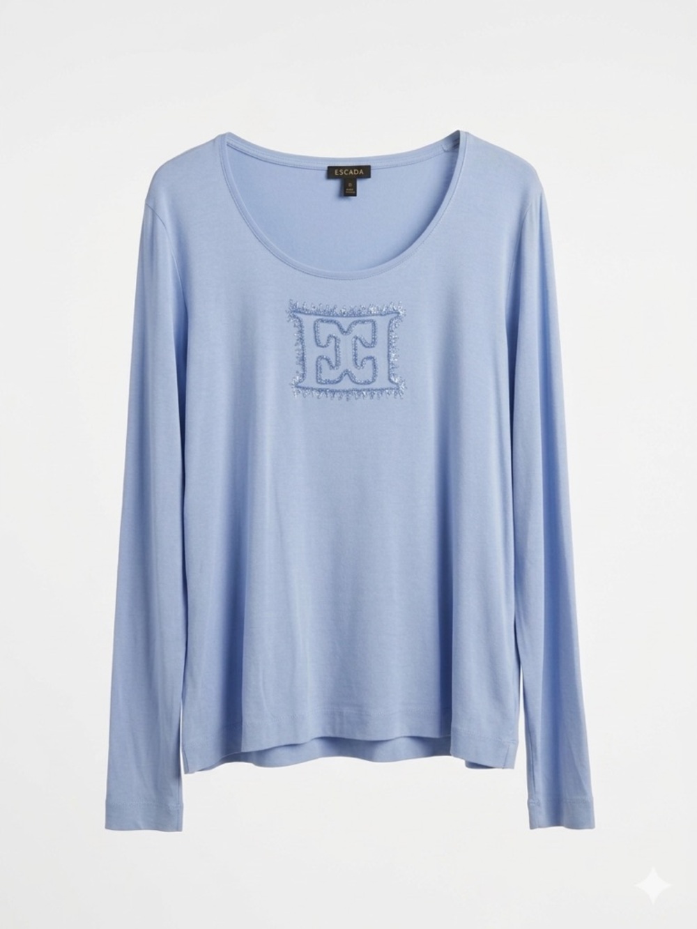 Escada Light Blue Long Sleeve Scoop Neck Tee with Embroidered Logo.